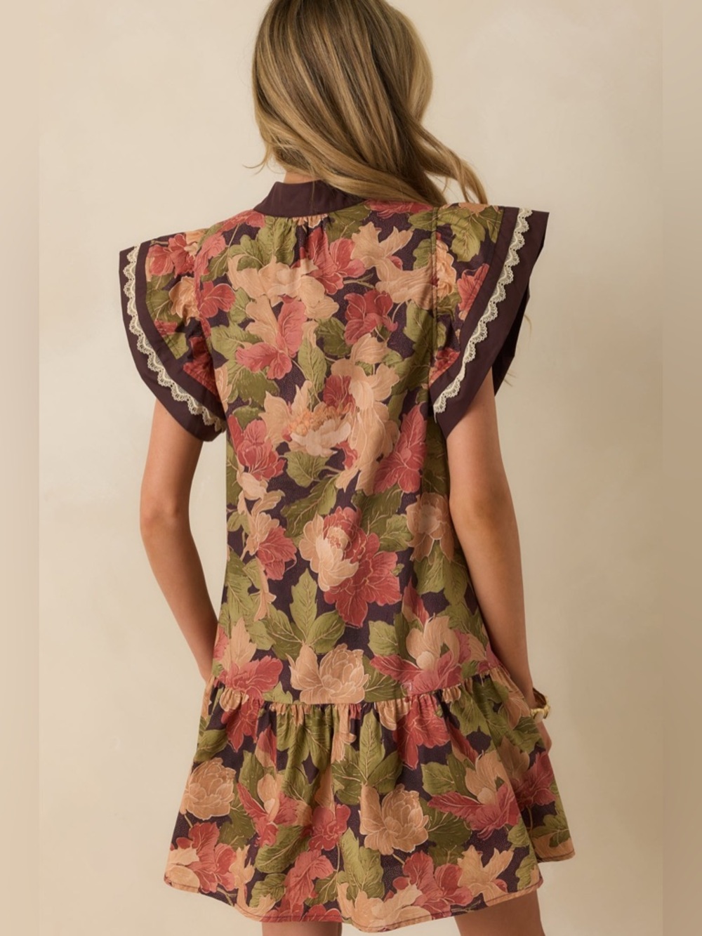 entro Floral Flutter Sleeve Tunic Dress - Brown, Olive, Dusty Rose - Picture 5 of 15